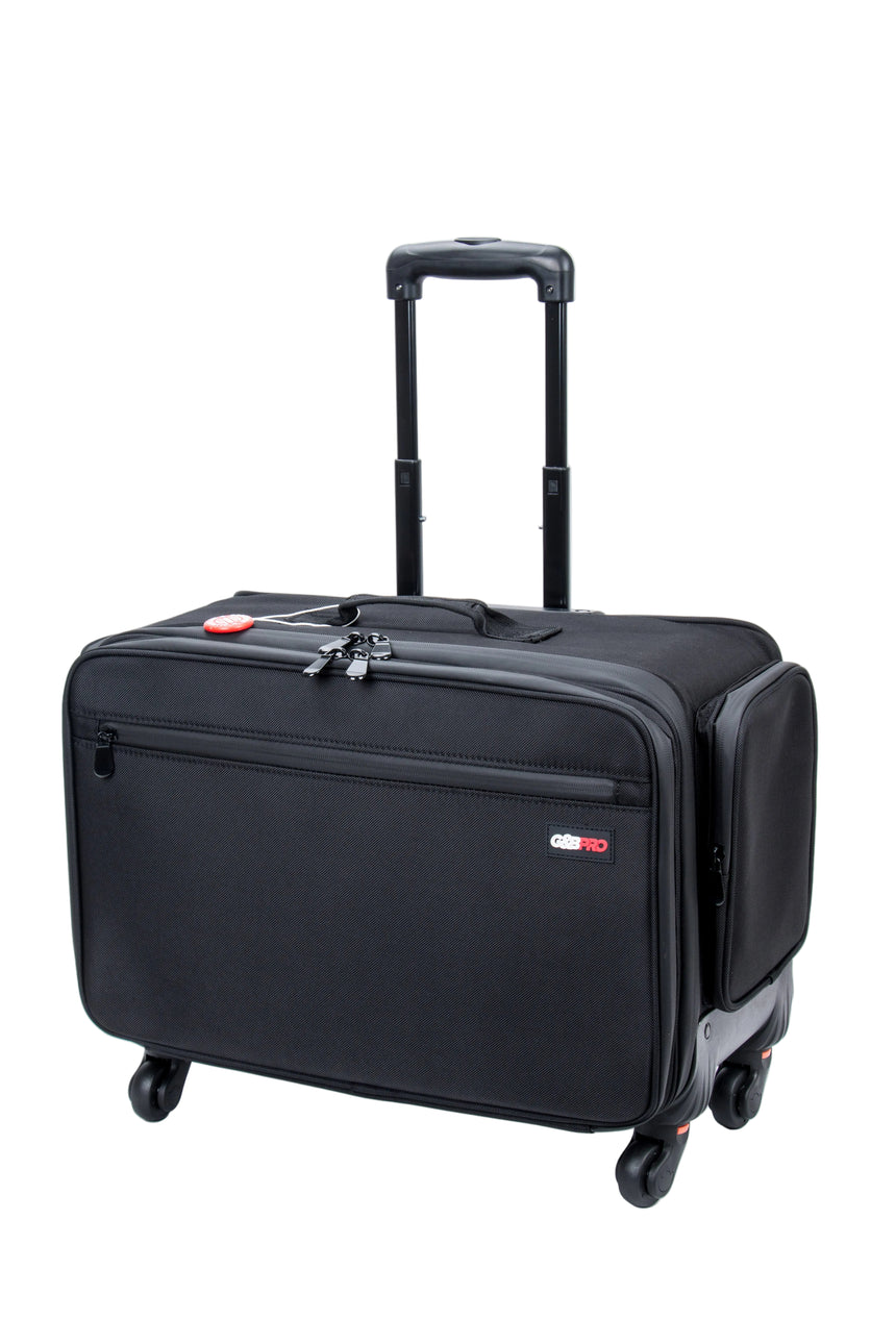 Black rolling suitcase on a white background