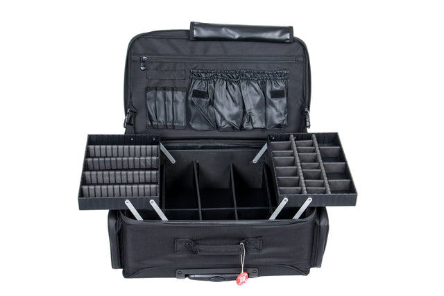 Black makeup organizer with multiple compartments on a white background