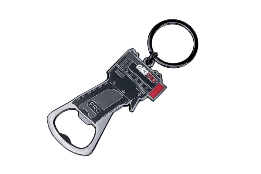 Keychain with bottle opener and GORUCK logo on a white background