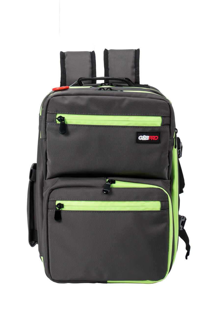 Gray backpack with green accents on a white background