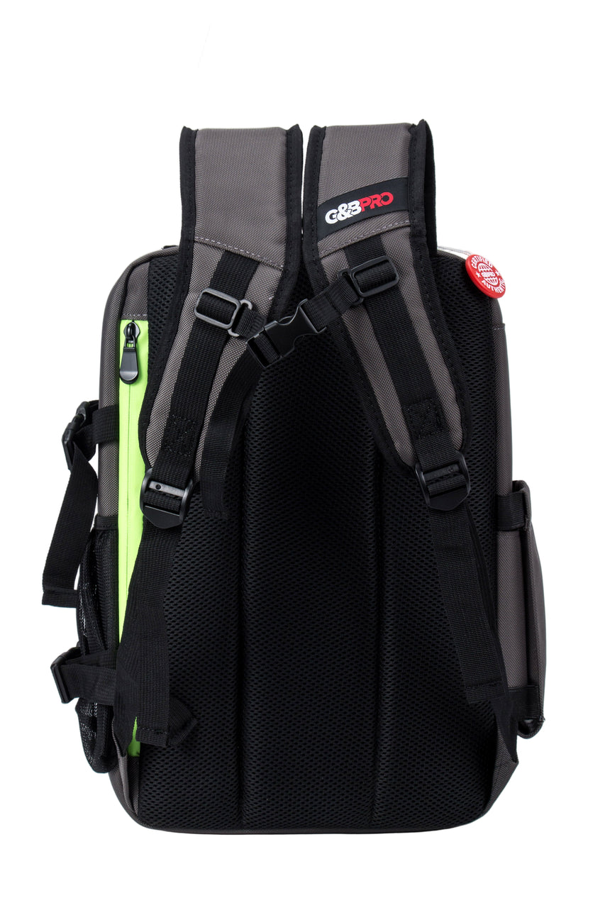 Black backpack with visible branding on a white background