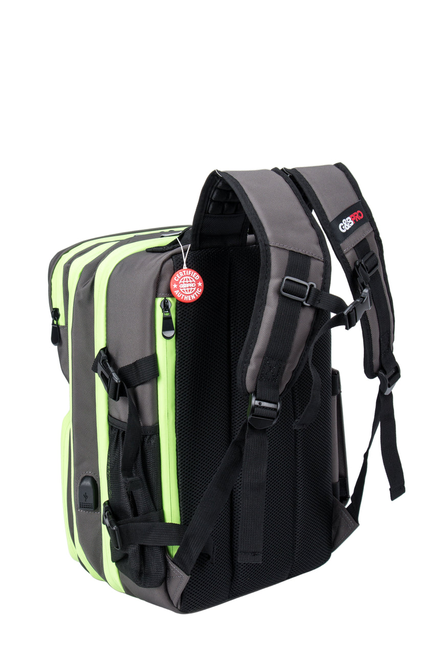 Backpack with green accents and visible branding on a white background