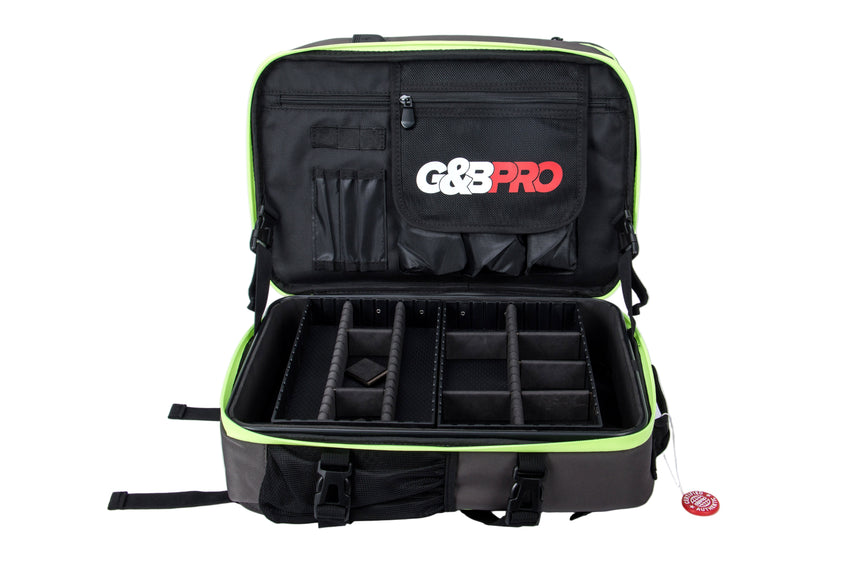 Black and green G&G Pro camera bag with compartments on a white background