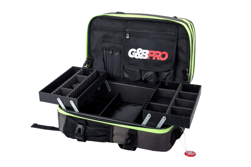 Black G&G Pro bag with compartments on a white background