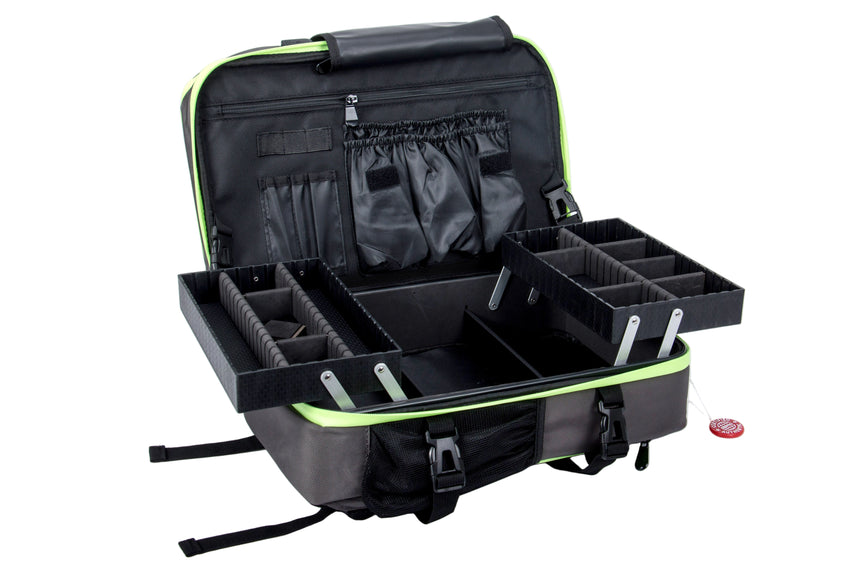 Black and green travel case with compartments on a white background