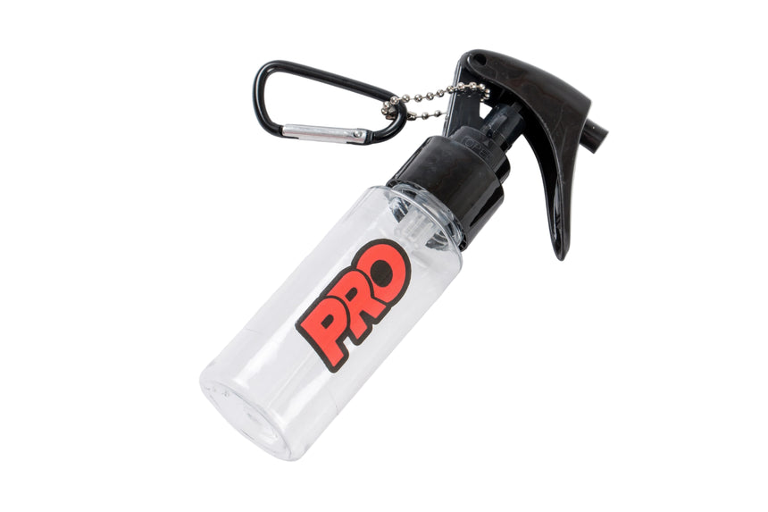 Clear spray bottle with black nozzle and carabiner, featuring a red 'PRO' logo on a white background.