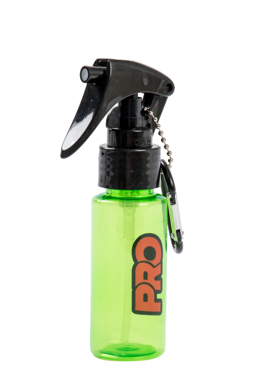 Green spray bottle with black nozzle and 'PRO' branding on a white background