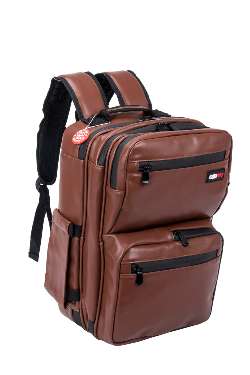 Brown backpack with black accents on a white background