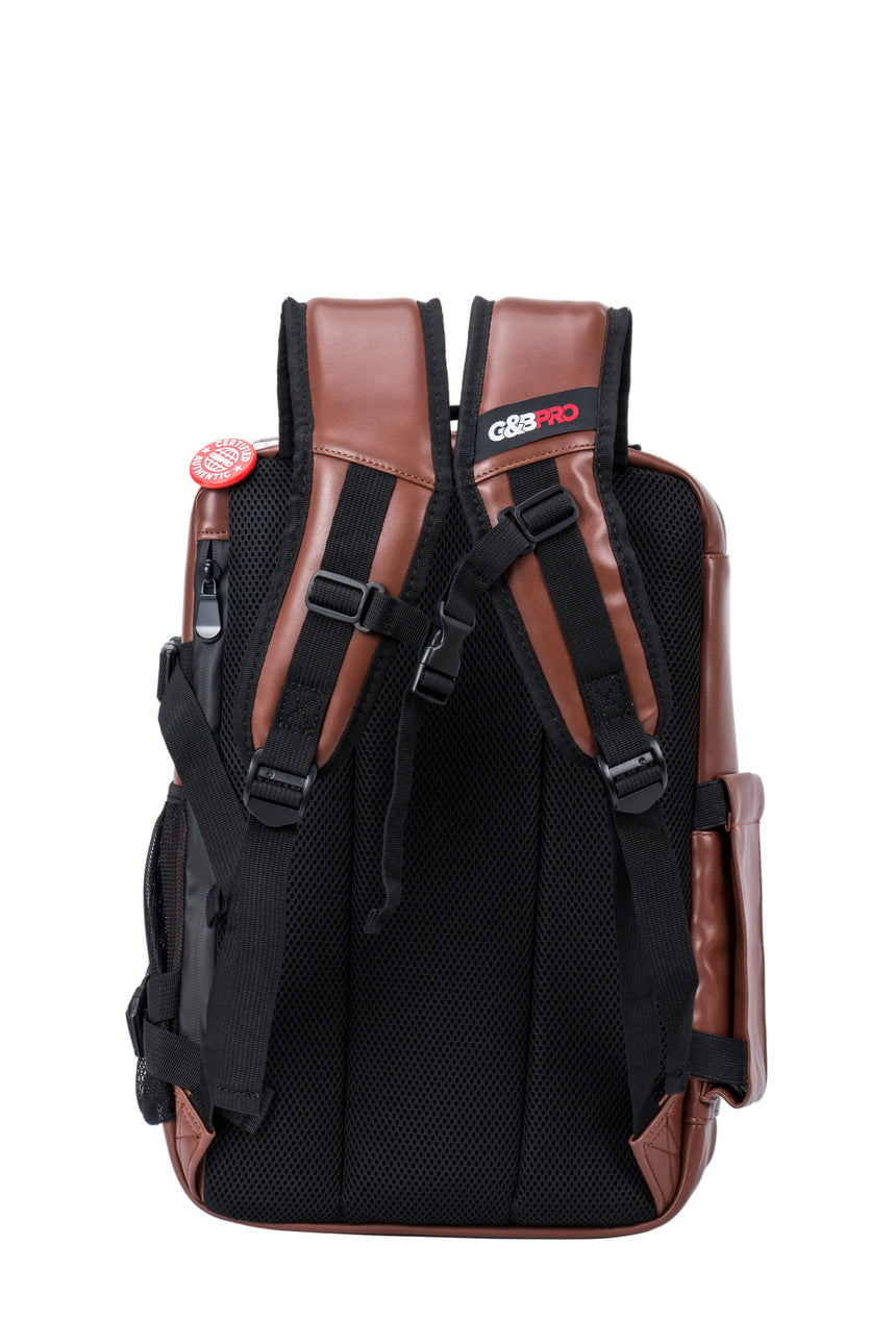 Black and brown backpack with visible brand logo on a white background