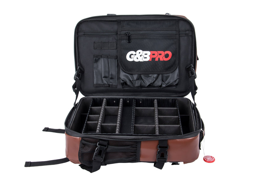 Black and brown G&G Pro backpack with compartments on a white background