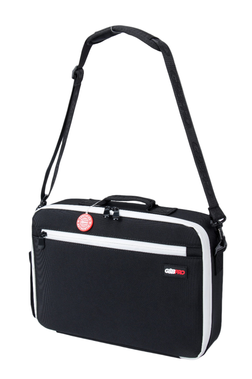 Black shoulder bag with white accents and visible brand logos on a white background