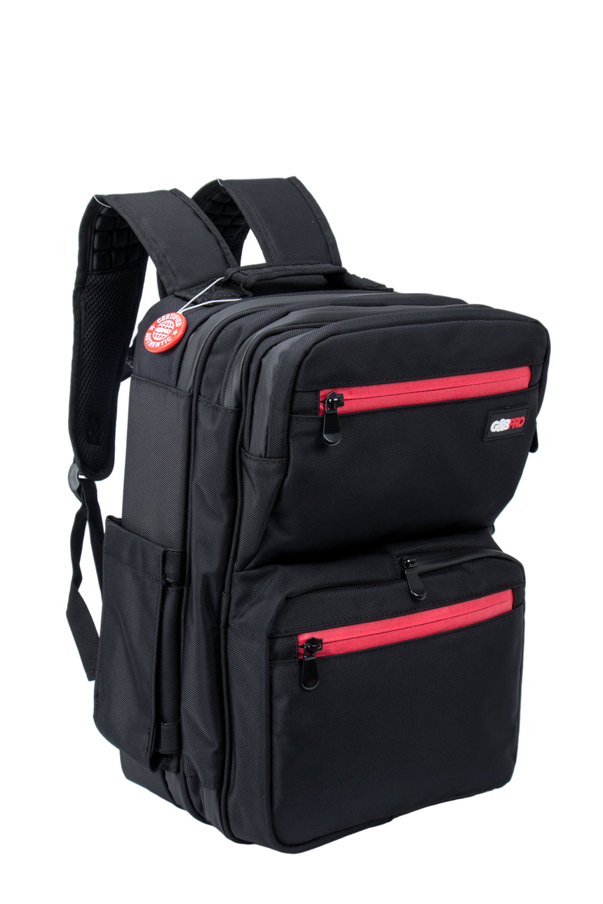 Black backpack with red zippers on a white background
