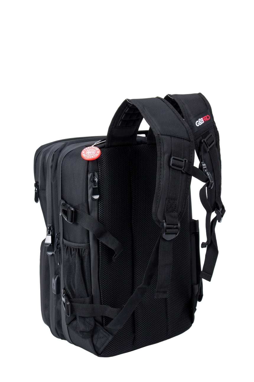 Black backpack with visible brand logo on a white background