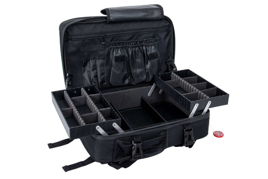 Black travel case with compartments on a white background