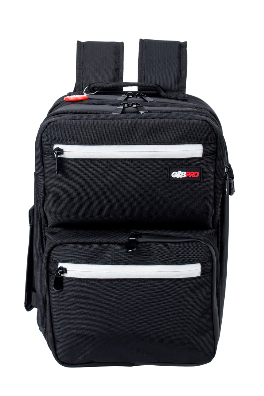 Black backpack with visible branding on a white background