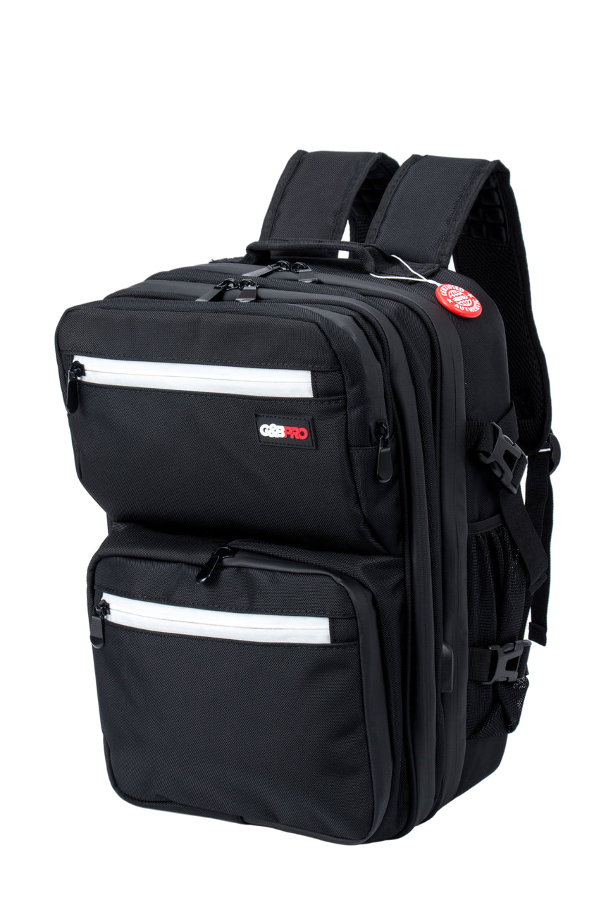 Black backpack with visible branding on a white background