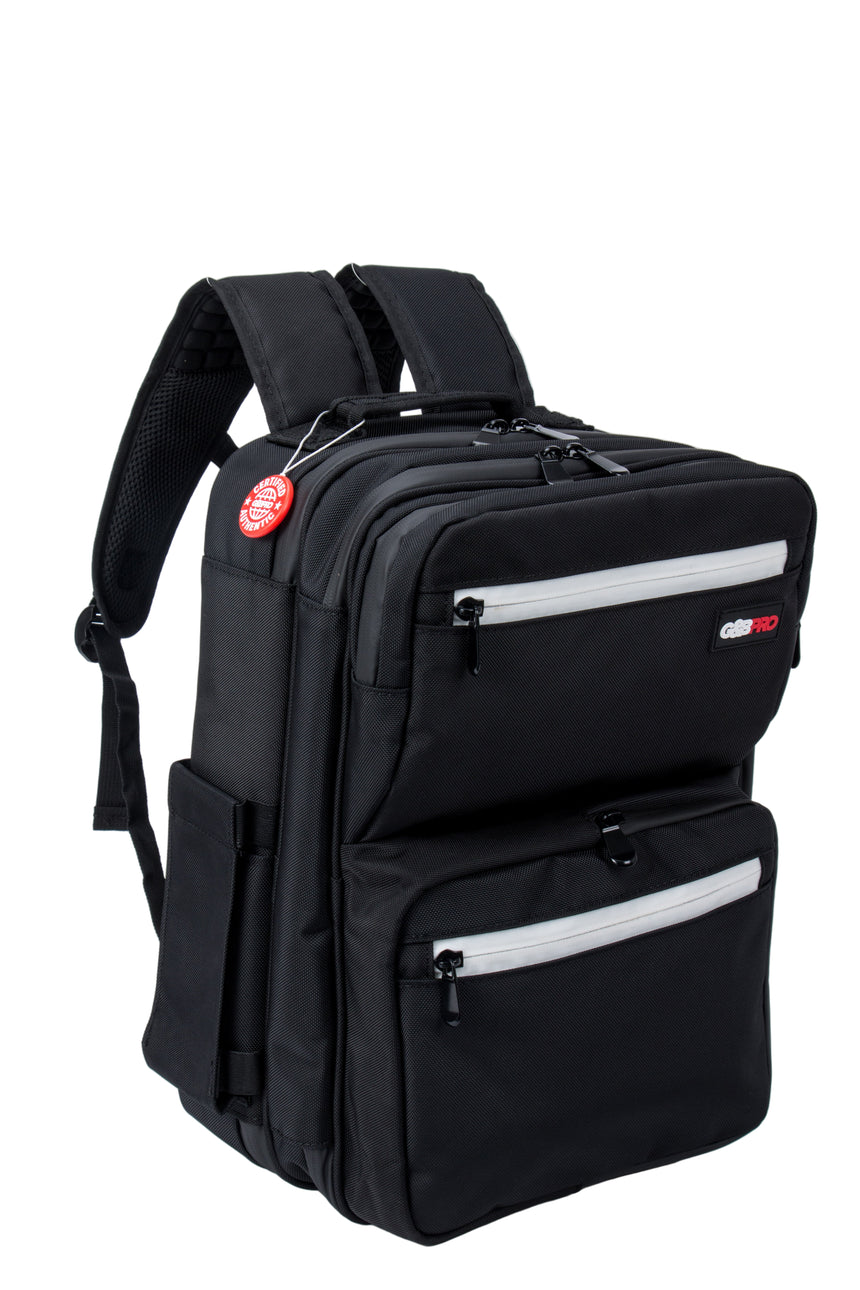 Black backpack with white accents on a light gray background