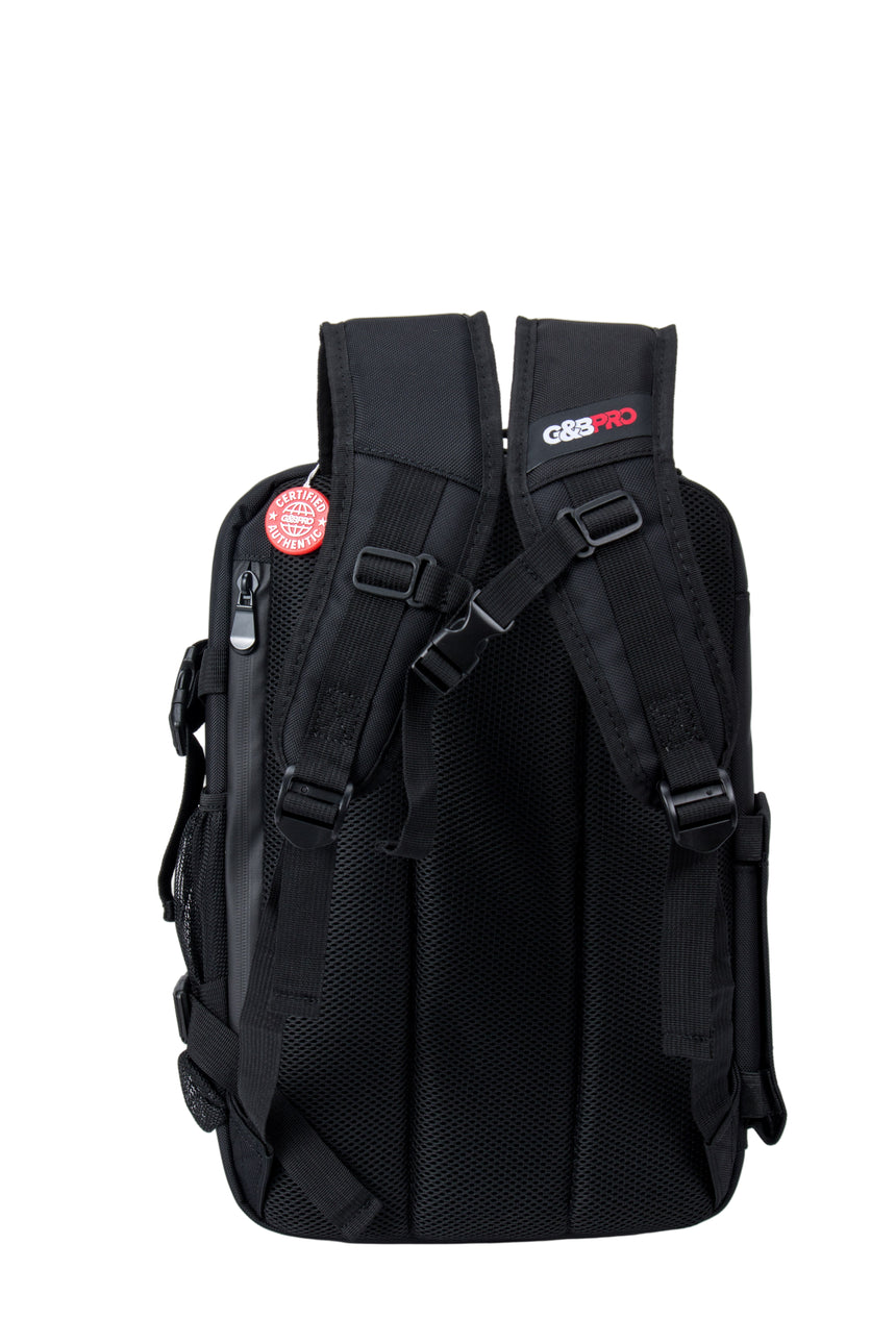 Black backpack with visible branding on a white background