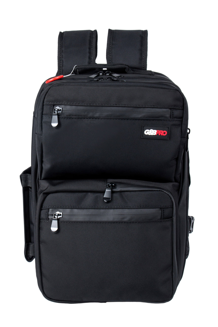 Black backpack with visible brand logo on a white background