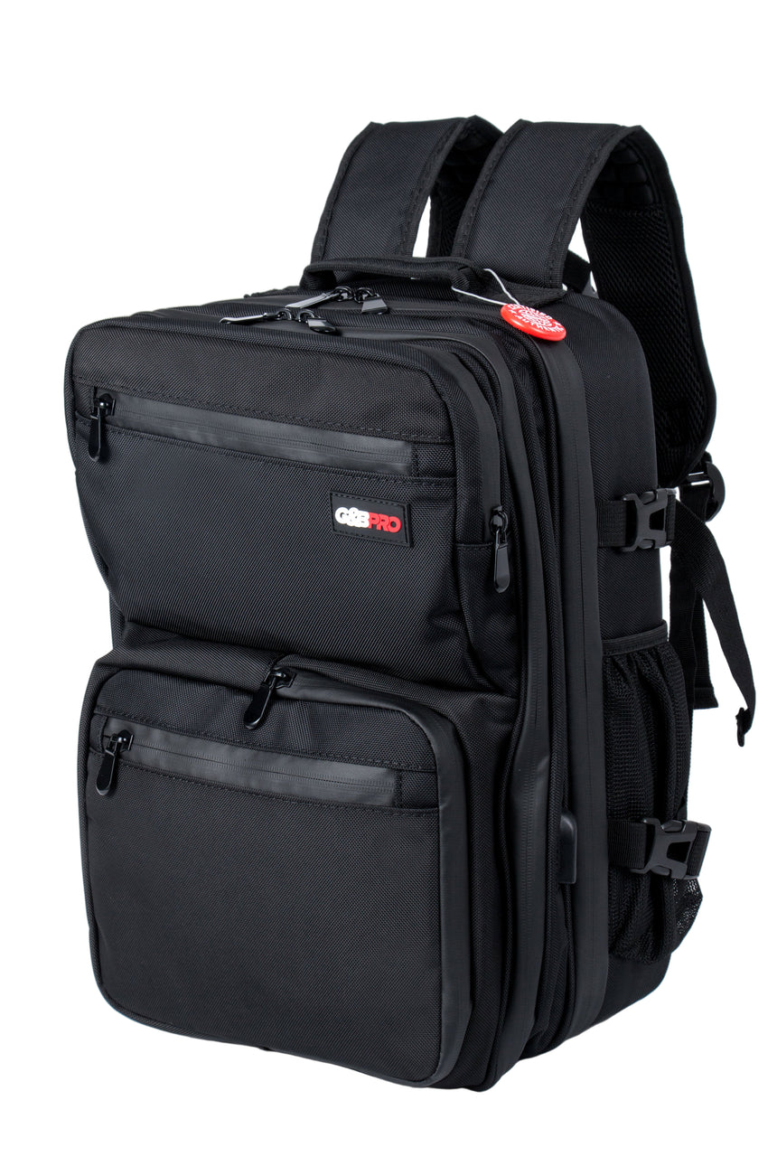 Black backpack with multiple compartments on a white background