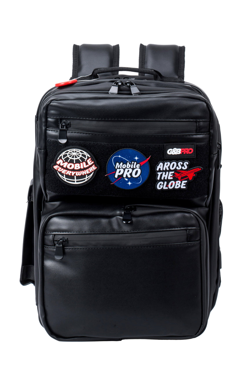 Black backpack with various logos on a white background