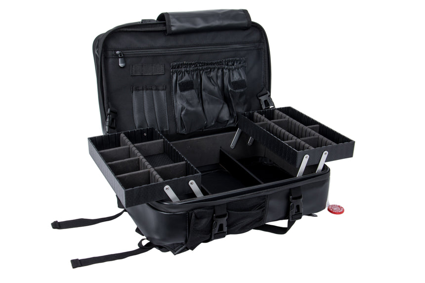Black travel case with compartments on a white background