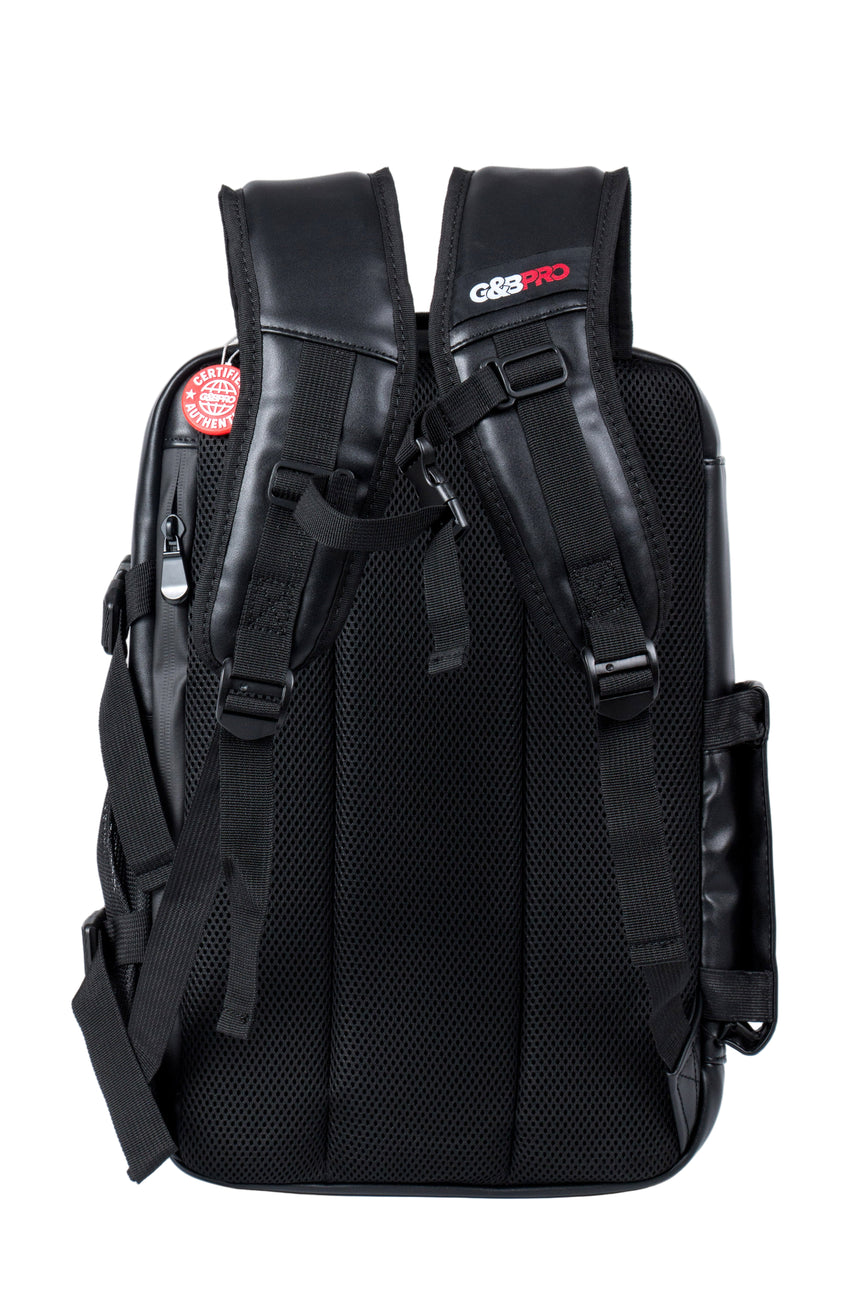 Black backpack with visible branding on a white background