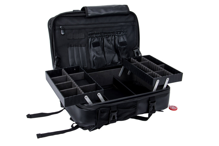 Black travel case with compartments on a white background