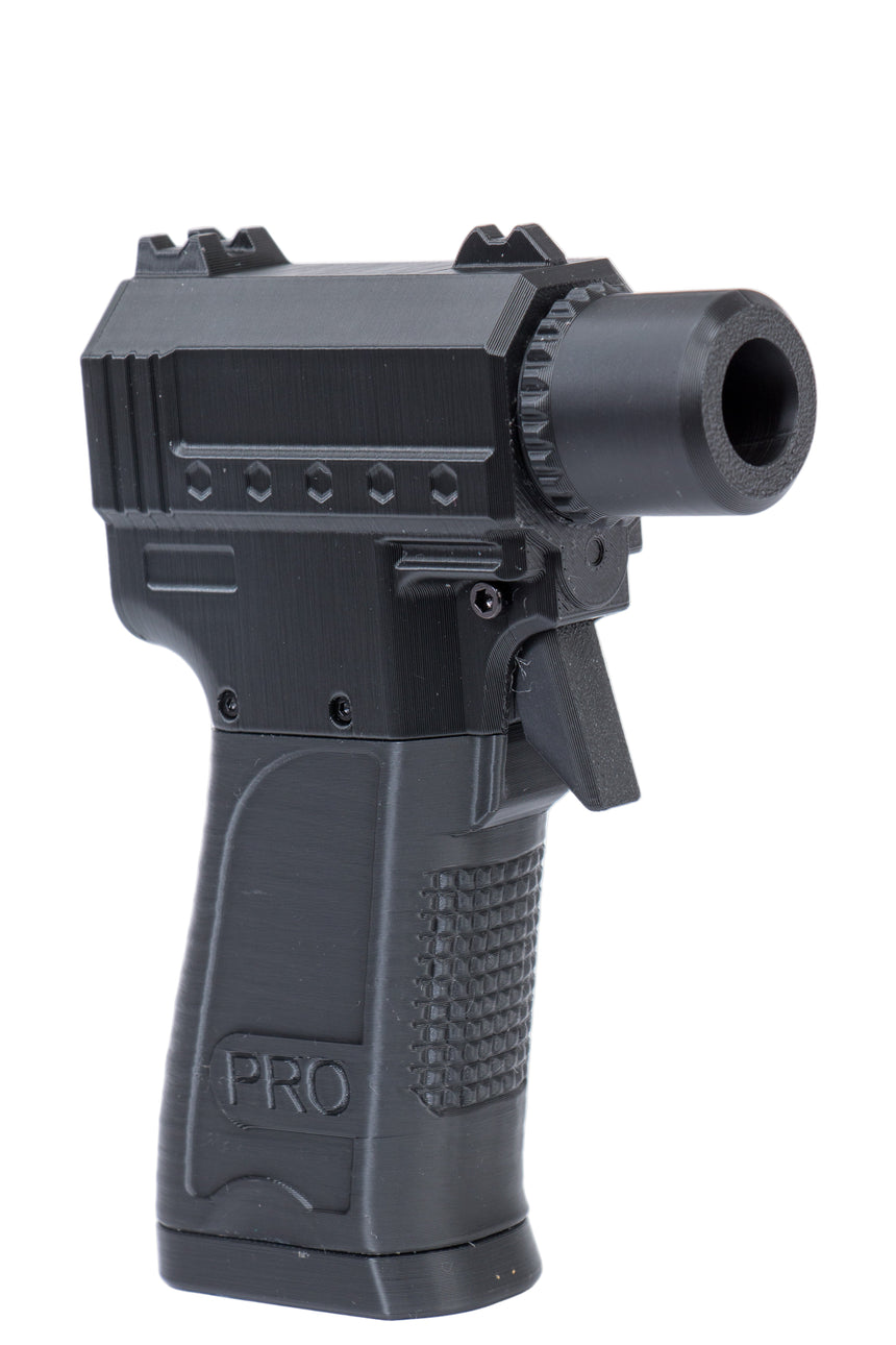 Black firearm grip with 'PRO' branding on a white background