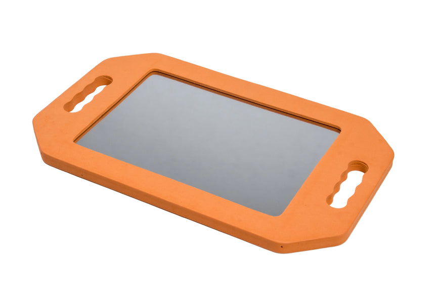 Orange protective case with a reflective surface on a white background