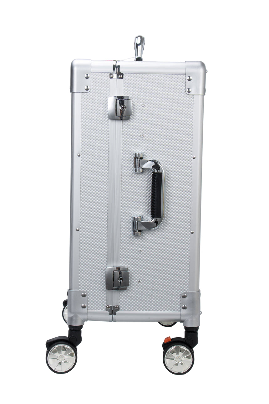 Silver suitcase with wheels on a white background