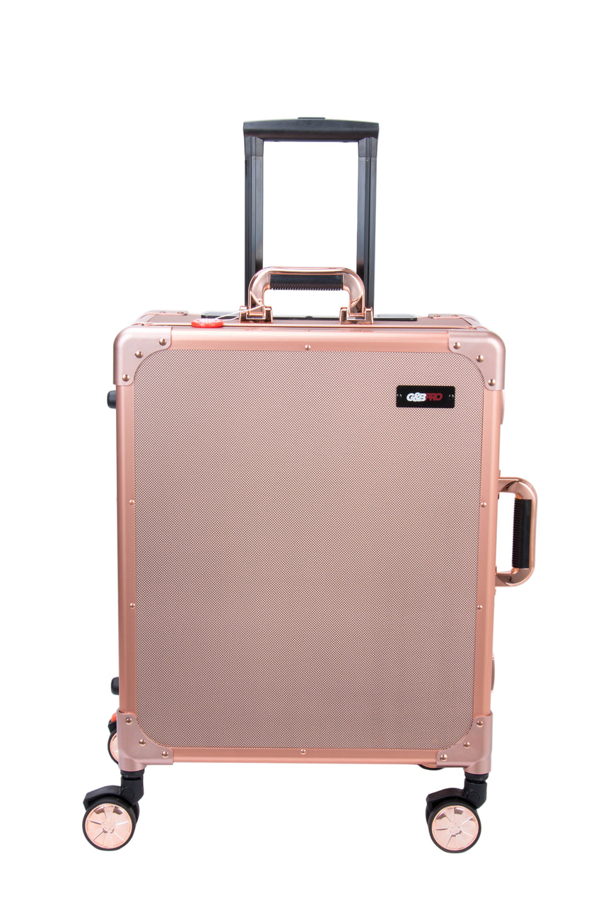 Rose gold suitcase with wheels on a white background