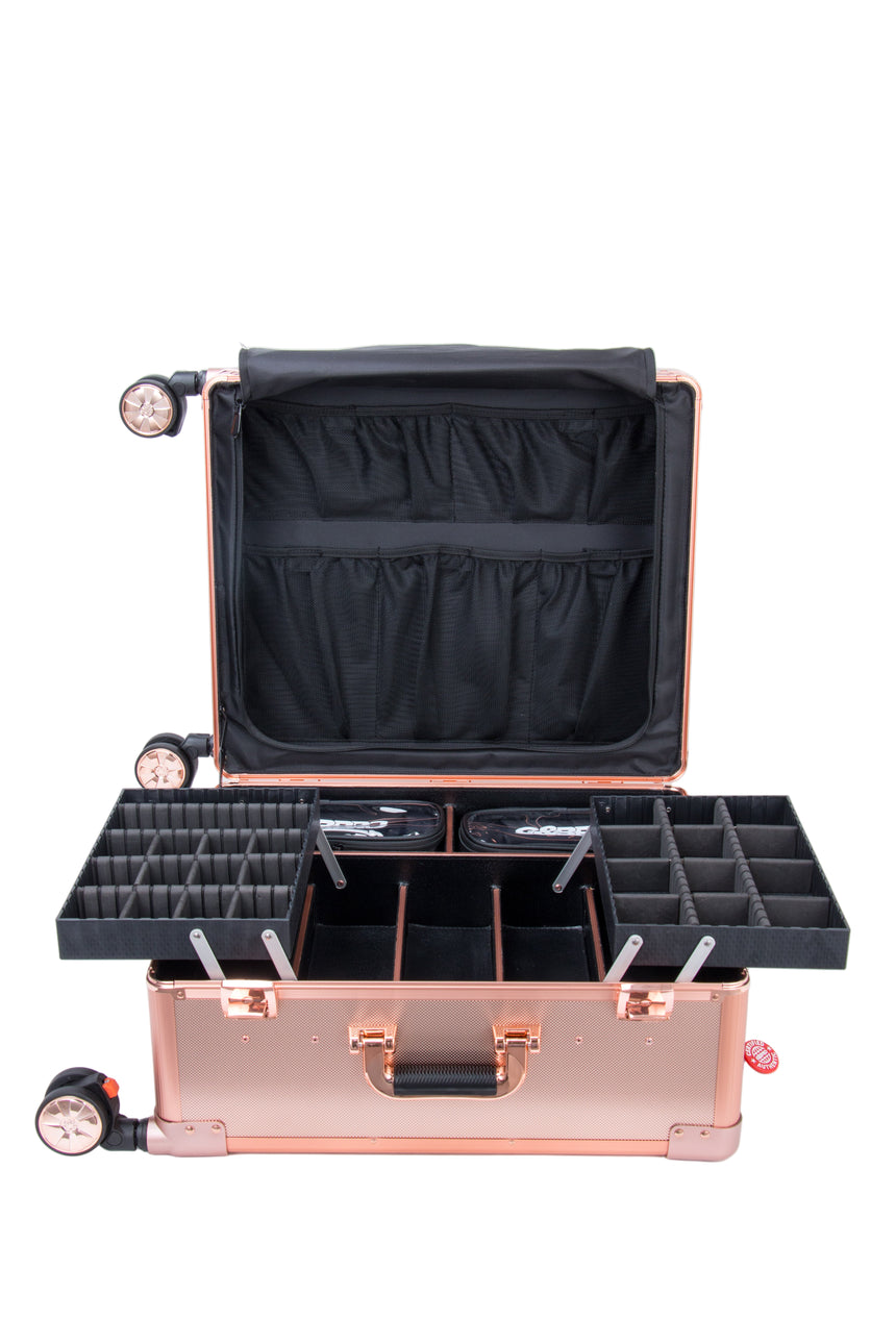 Rose gold makeup case with black interior on a white background