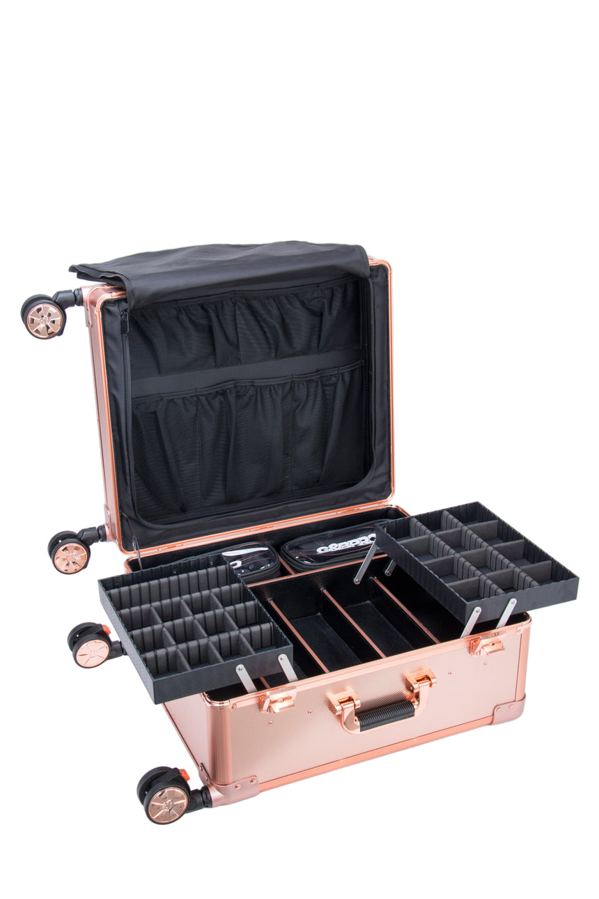 Rose gold jewelry case with open lid on a white background