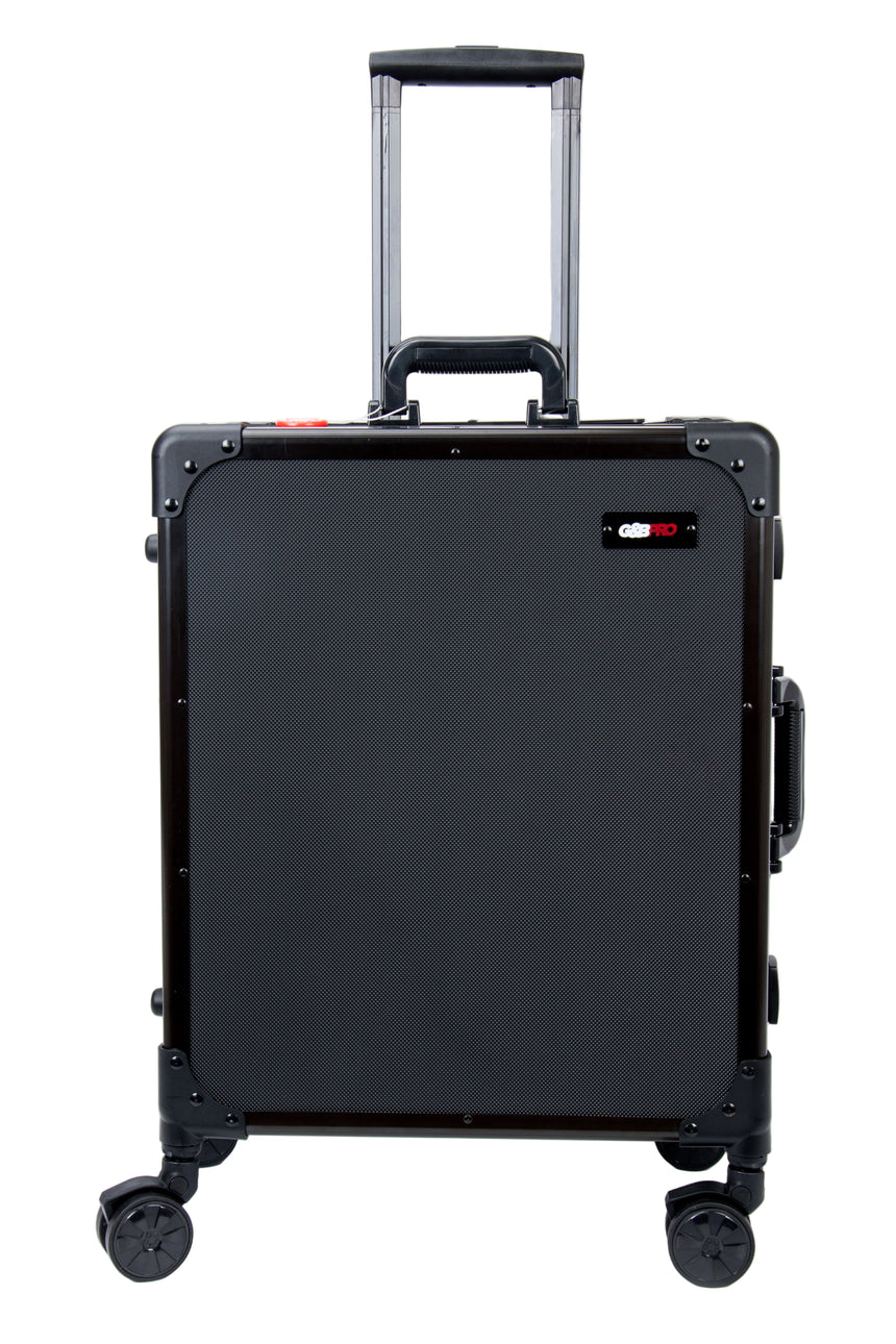 Black suitcase with wheels on a white background