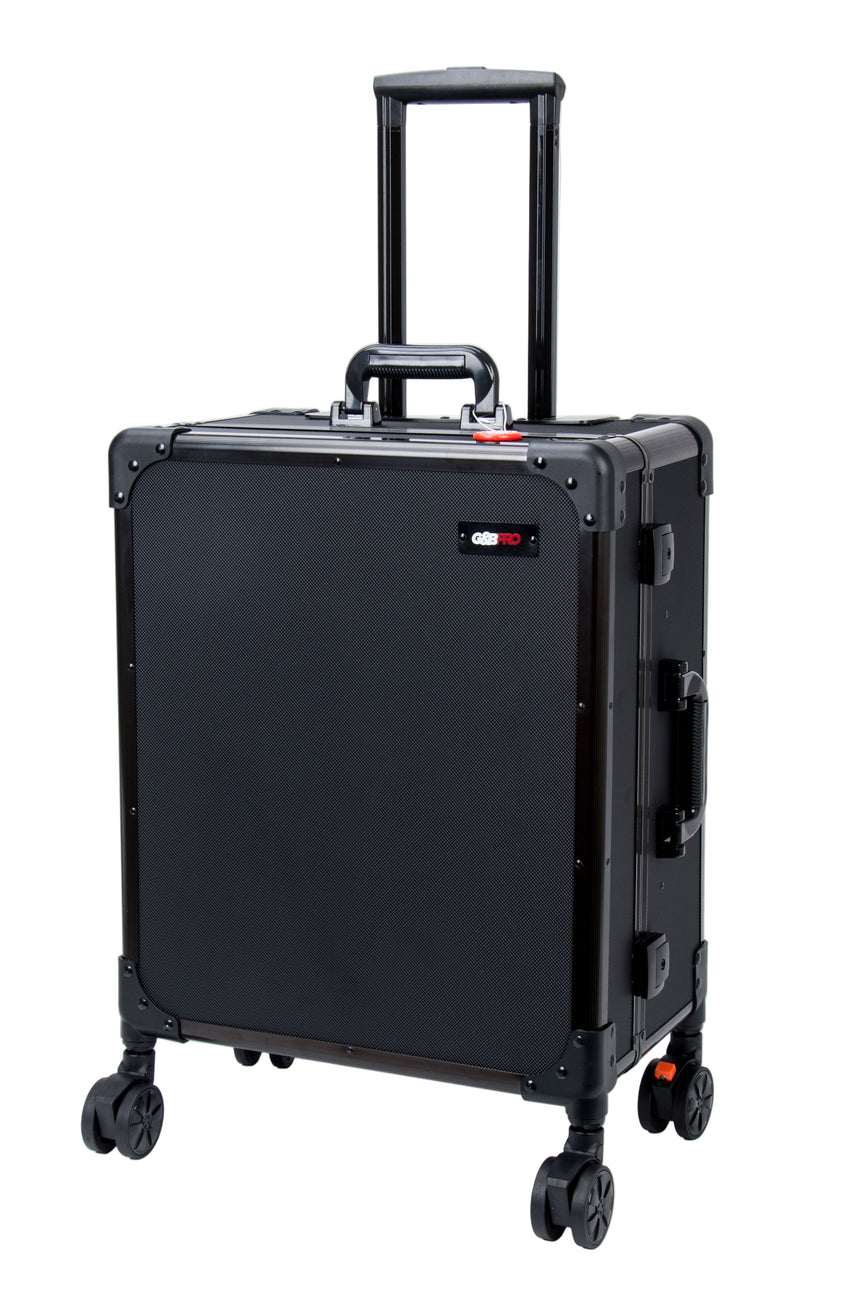 Black suitcase with wheels on a white background