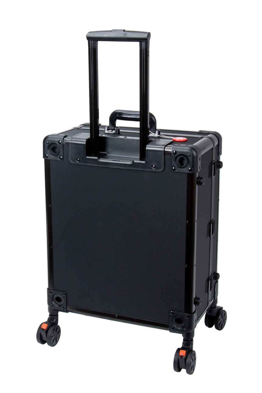 Black suitcase with wheels on a white background