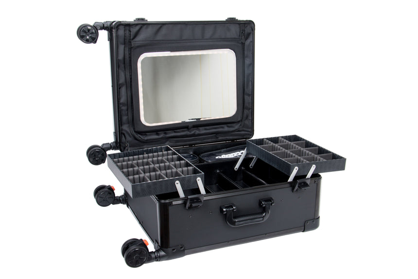 Black fishing tackle box with compartments on a white background