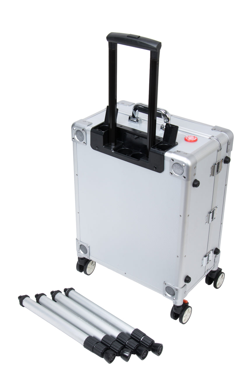 Silver travel case with wheels and a handle, accompanied by three extendable legs on a white background.