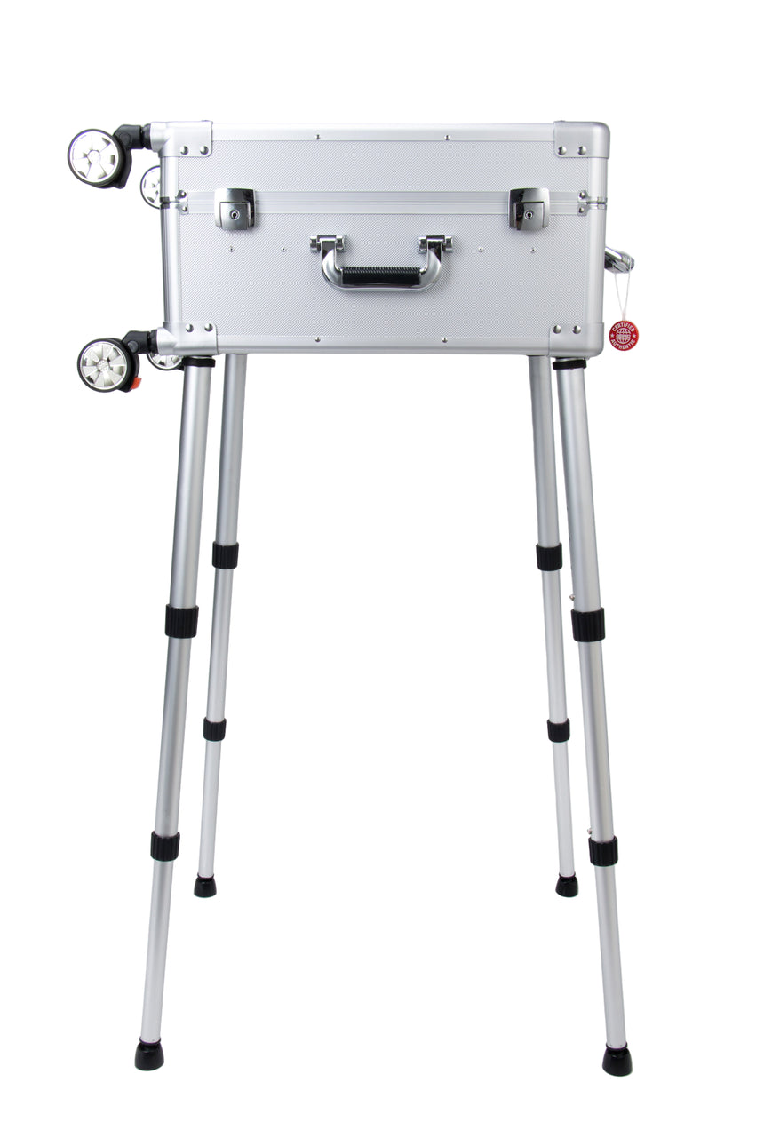 Silver suitcase on a stand against a white background