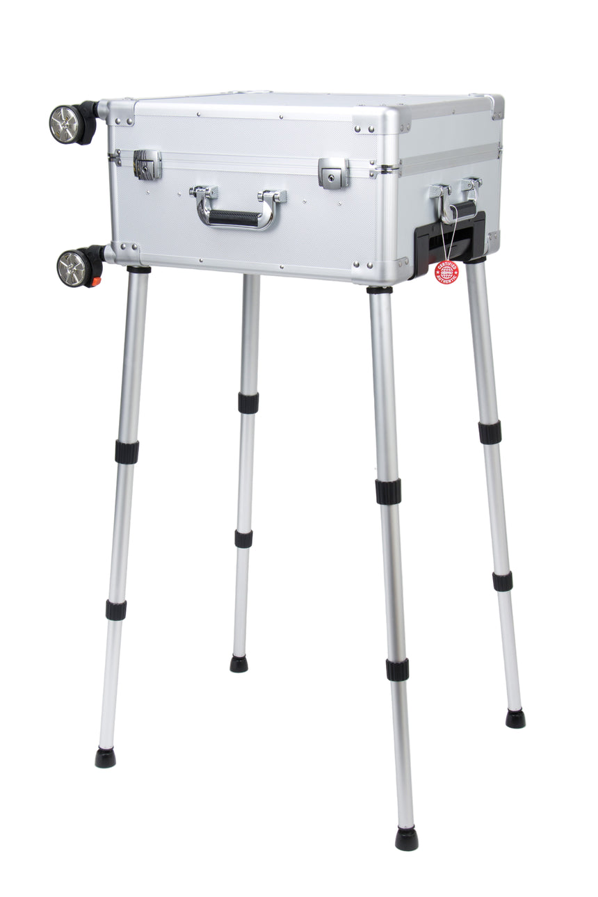 Metallic stand with a suitcase-like top on a white background