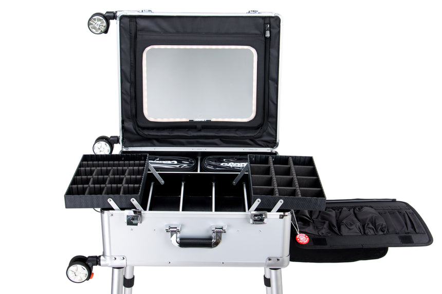 Portable outdoor cooking stove with black lid and silver body on a white background
