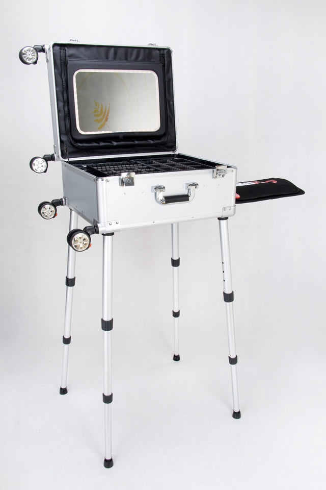 Roller Elite Mobile Workstation with LED Mirror & Extending Tray System – Silver