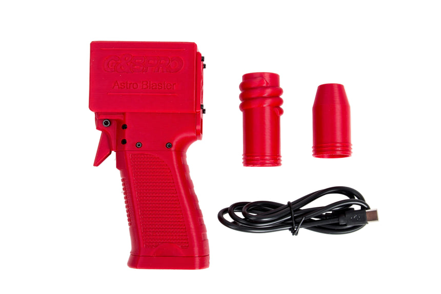 Red handheld device with attachments on a white background