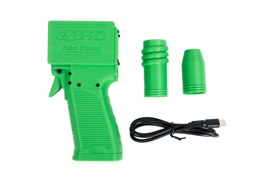 Green Astro Blaster with attachments on a white background