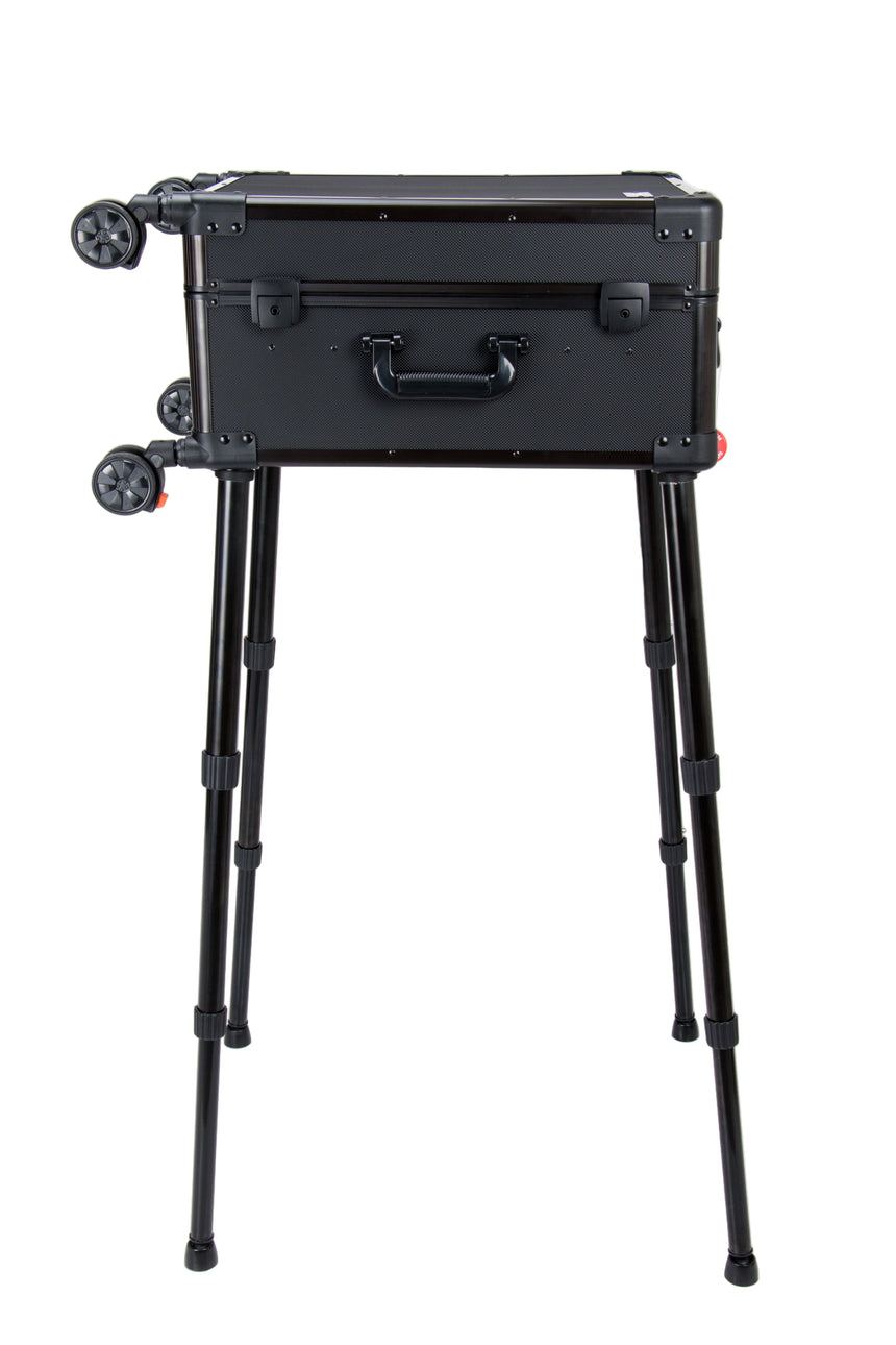 Black toolbox on a stand with wheels against a white background