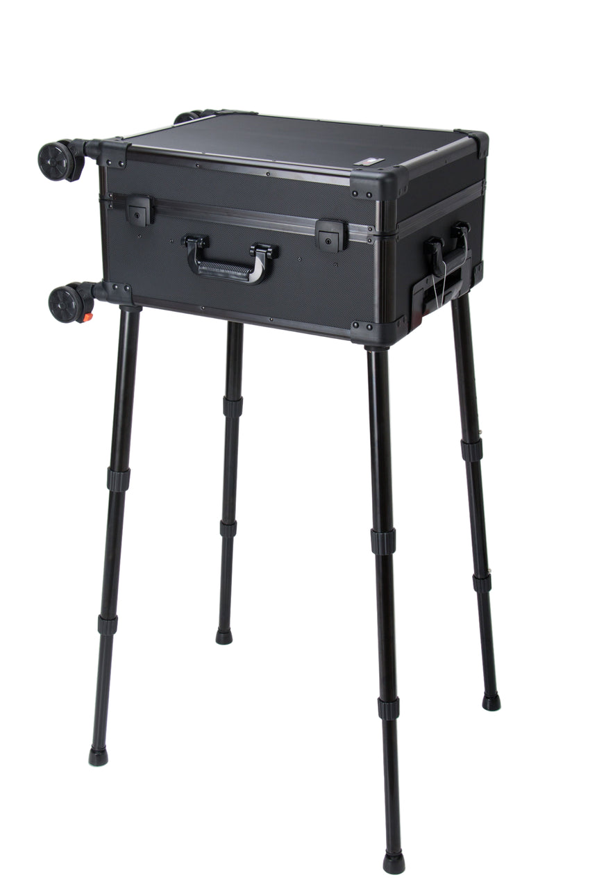 Black portable workbench with adjustable legs on a white background