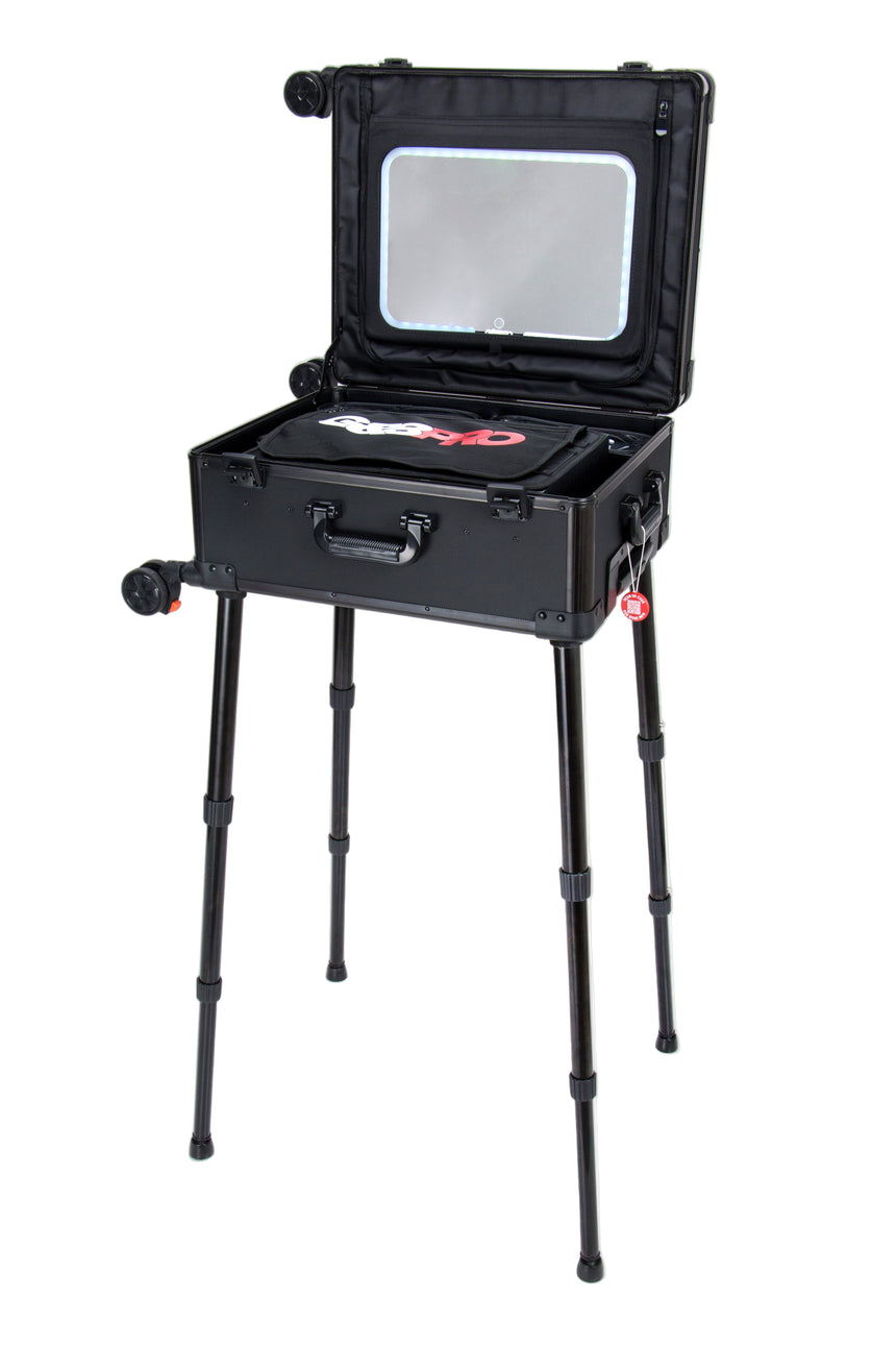 Black portable workbench with stand on a white background