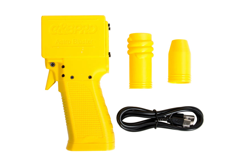 Yellow handheld device with two attachments and a cable on a white background