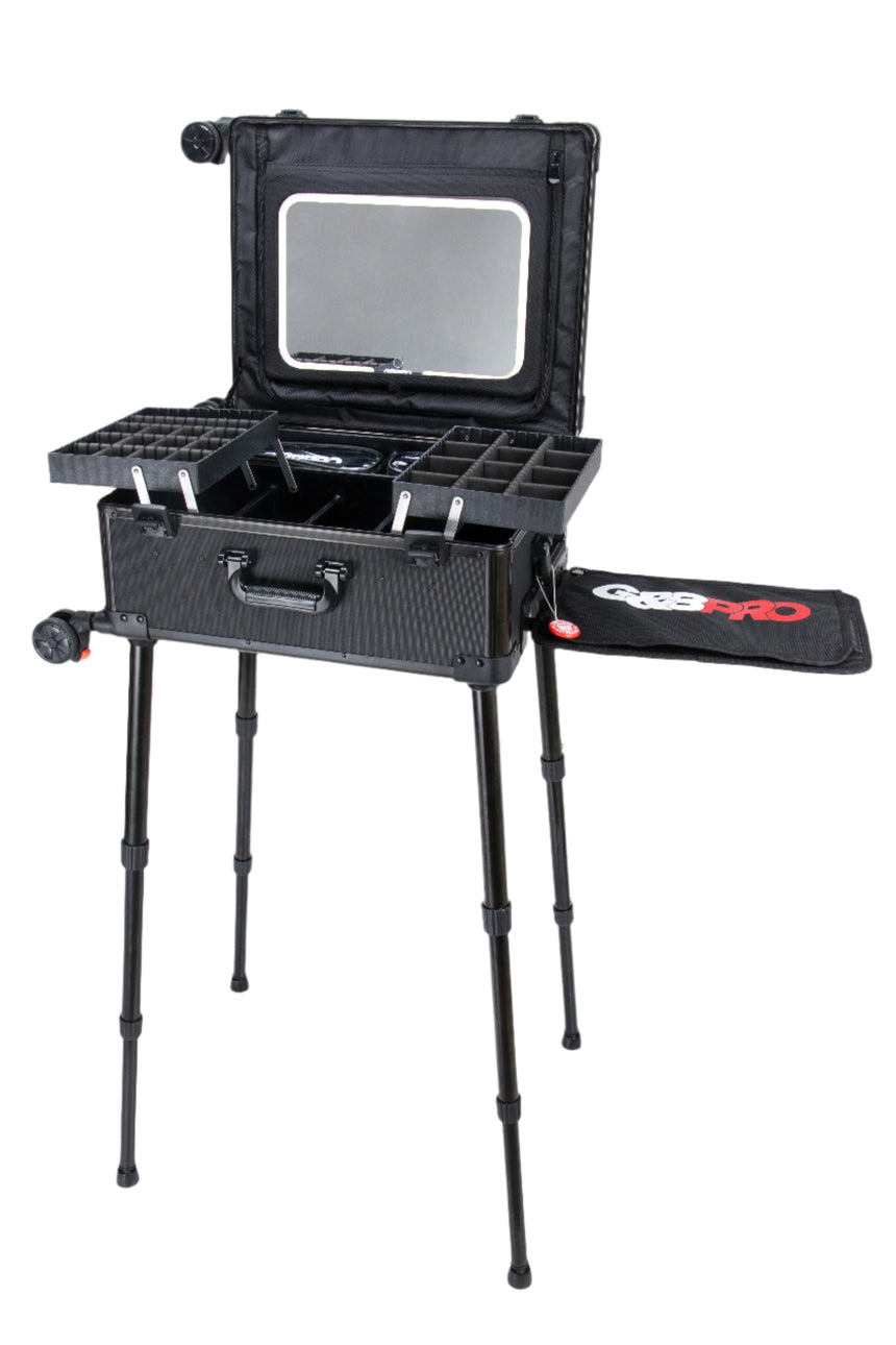 Portable workbench with stand and tools on a white background